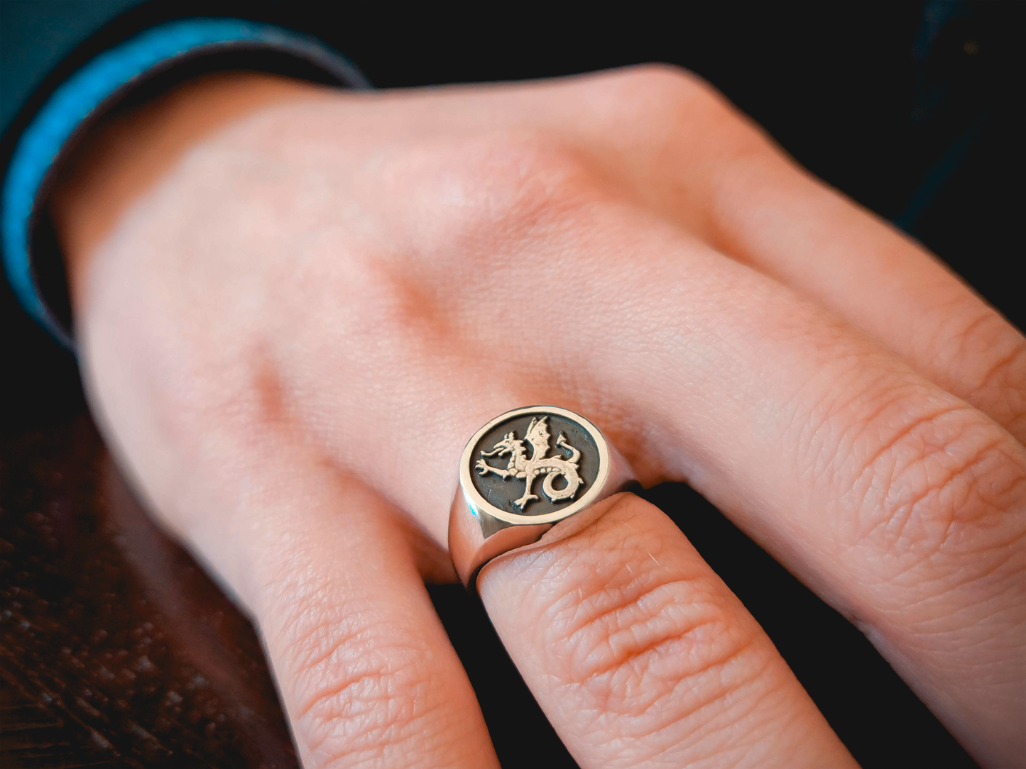 Ring on Hand, Sterling Silver ring, Dragon Ring, Signet Ring, Historical Ring, Heraldry, Wyvern, Wyvern Ring, White Gold, Gold, Magic Ring, Fantasy Ring, Medieval Ring, Rings for Him, Gifts for Him, Mens Signet Ring