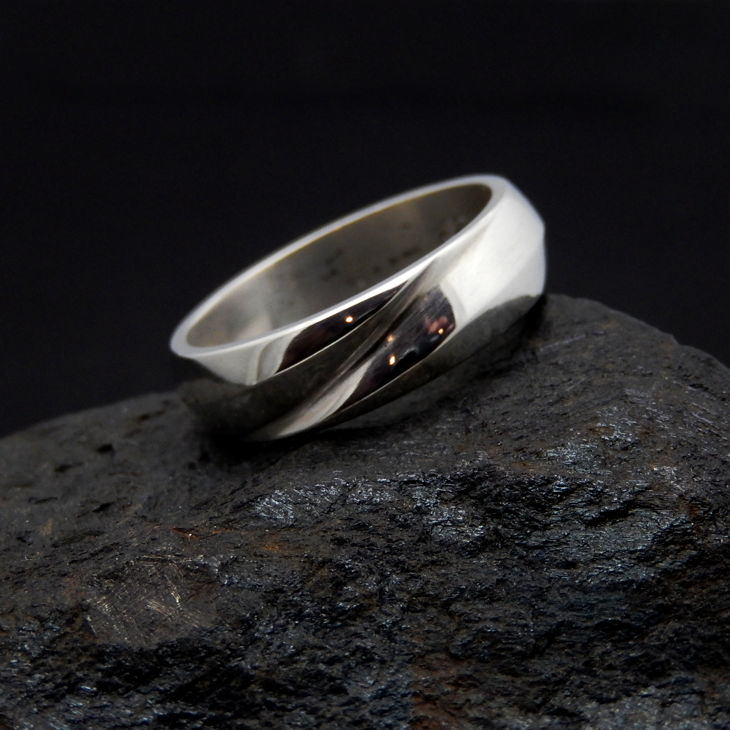 Sterling Silver Ring angled on black stone, Silver Ring, White Gold Ring, Gold, Magic Ring, Fantasy Ring, Solid Gold Ring, Minimalist Ring, Blade Ring, Eldridge Jewelry