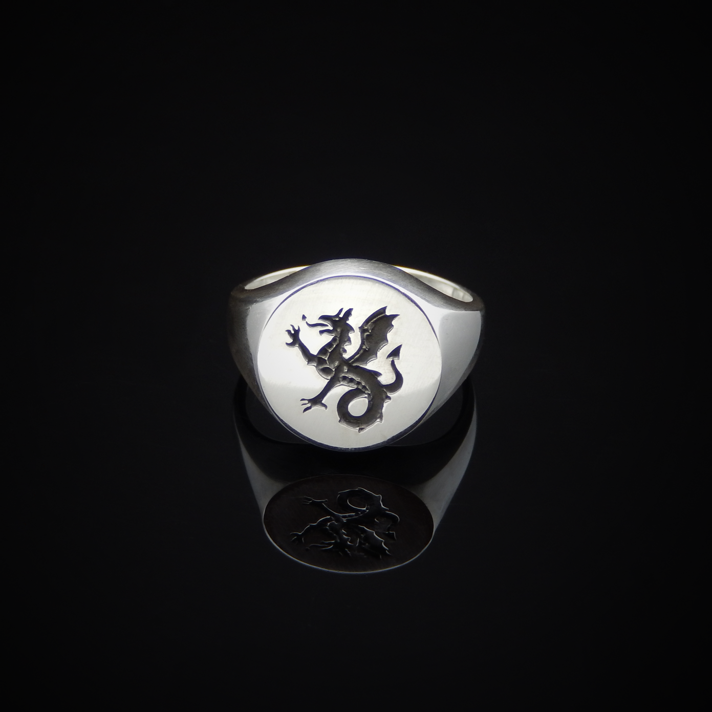 Sterling Silver Ring, Silver Ring Front View, Dragon Ring, Signet Ring, Historical Ring, Heraldry, Wyvern, Wyvern Ring,  White Gold Ring, Gold, Magic Ring, Fantasy Ring, Medieval Ring, English Ring, Rings for Him, Gifts for Him, Mens Signet Ring