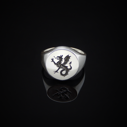 Sterling Silver Ring, Silver Ring Front View, Dragon Ring, Signet Ring, Historical Ring, Heraldry, Wyvern, Wyvern Ring,  White Gold Ring, Gold, Magic Ring, Fantasy Ring, Medieval Ring, English Ring, Rings for Him, Gifts for Him, Mens Signet Ring