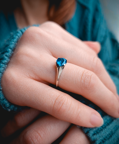 Rings for Her, Ring on Hand, Blue Stone Ring, Blue Topaz, Solitaire Setting, Ocean blue gemstone, Sterling Silver Ring, Silver Ring, White Gold Ring, Gold, Magic Ring, Fantasy Ring, Solid Gold Ring, Eldridge Jewelry