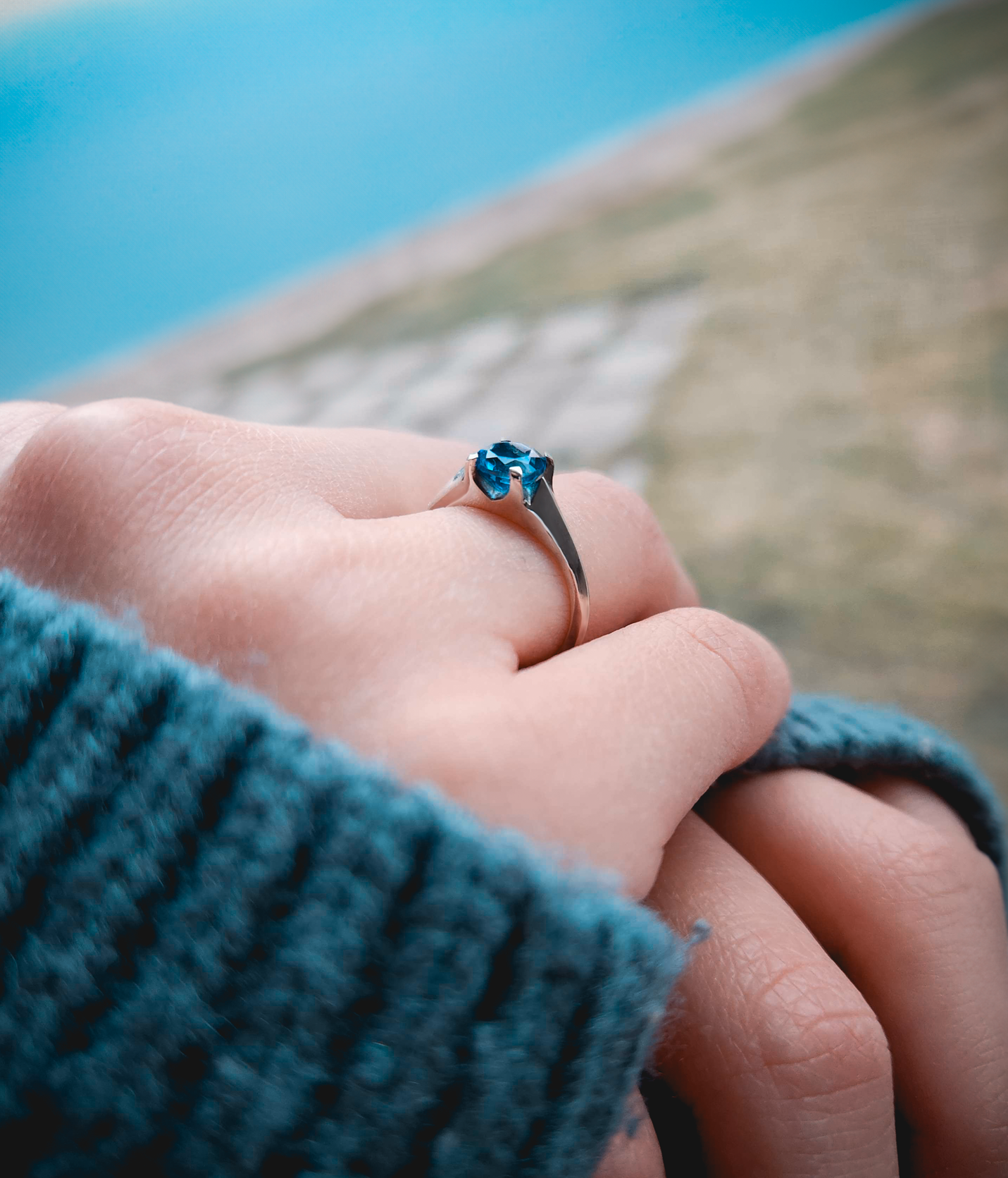 Ocean, Rings for Her, Ring on Hand, Blue Stone Ring, Blue Topaz, Solitaire Setting, Ocean blue gemstone, Sterling Silver Ring, Silver Ring, White Gold Ring, Gold, Magic Ring, Fantasy Ring, Solid Gold Ring, Eldridge Jewelry