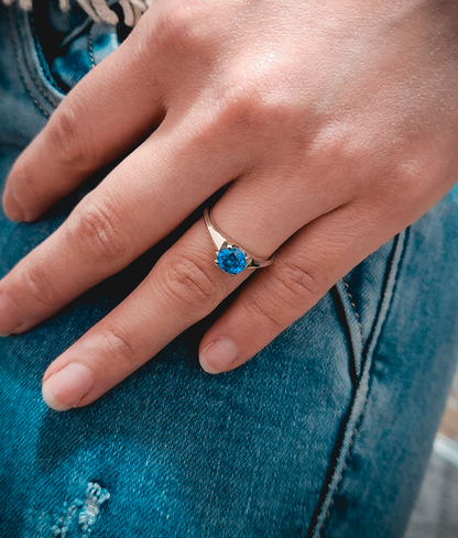 Rings for Her, Ring on Hand, Blue Stone Ring, Blue Topaz, Solitaire Setting, Ocean blue gemstone, Sterling Silver Ring, Silver Ring, White Gold Ring, Gold, Magic Ring, Fantasy Ring, Solid Gold Ring, Eldridge Jewelry