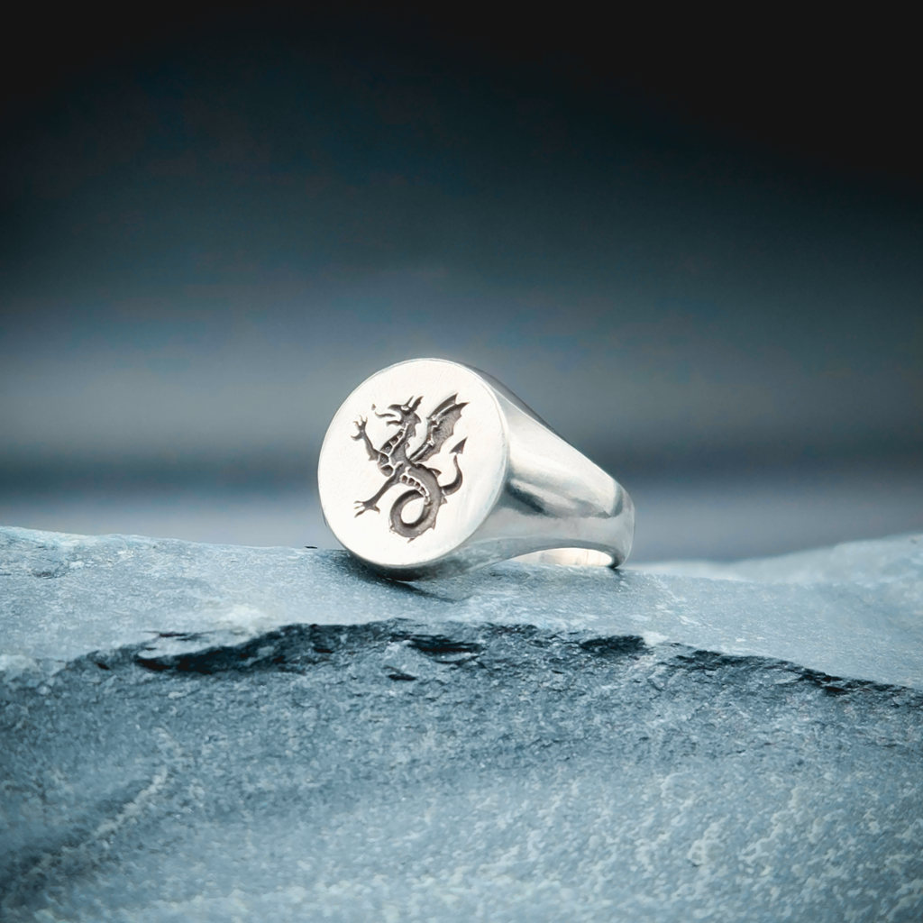 Sterling Silver Ring, Silver Ring, Quarter View, Dragon Ring, Signet Ring, Historical Ring, Heraldry, Wyvern, Wyvern Ring,  White Gold Ring, Gold, Magic Ring, Fantasy Ring, Medieval Ring, English Ring, Rings for Him, Gifts for Him, Mens Signet Ring