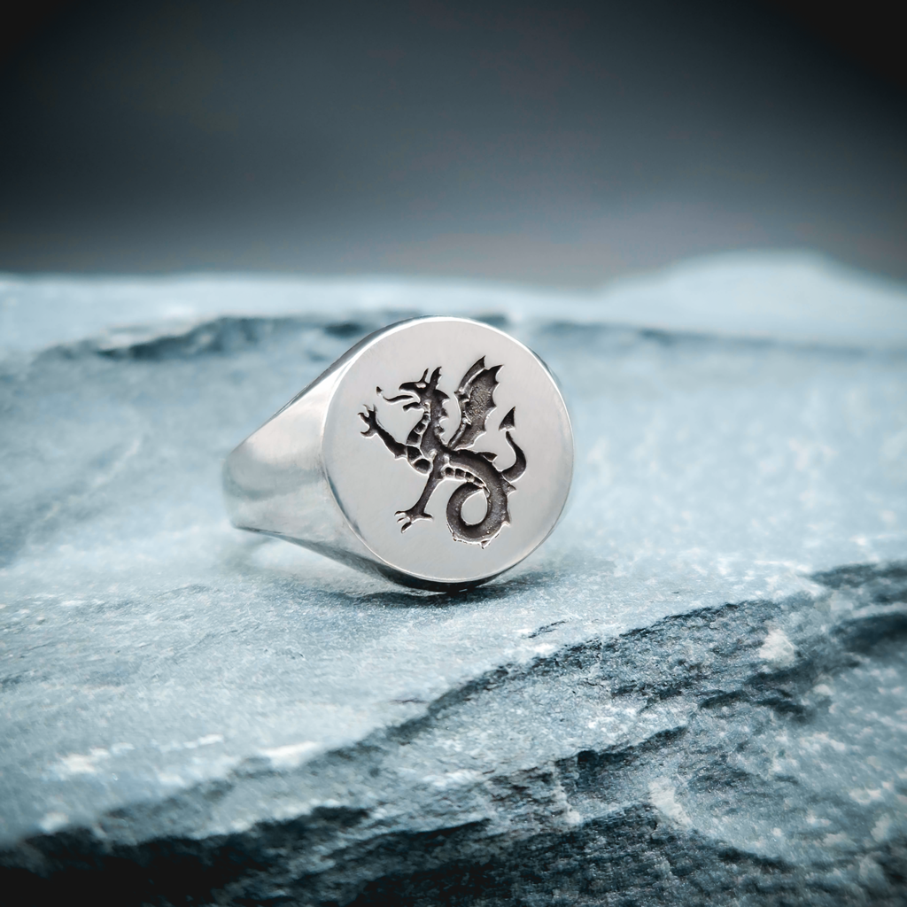 Sterling Silver Ring, Silver Ring, Quarter View, Dragon Ring, Signet Ring, Historical Ring, Heraldry, Wyvern, Wyvern Ring,  White Gold Ring, Gold, Magic Ring, Fantasy Ring, Medieval Ring, English Ring, Rings for Him, Gifts for Him, Mens Signet Ring