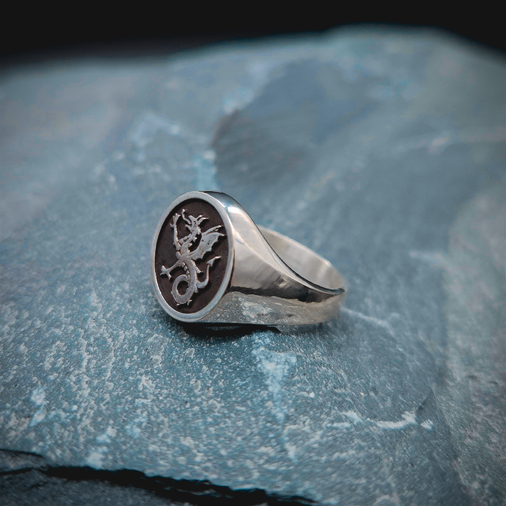 Ring Side View, Ring on Stone, Sterling Silver ring, Dragon Ring, Signet Ring, Historical Ring, Heraldry, Wyvern, Wyvern Ring,  White Gold, Gold, Magic Ring, Fantasy Ring, Medieval Ring, Rings for Him, Gifts for Him, Mens Signet Ring